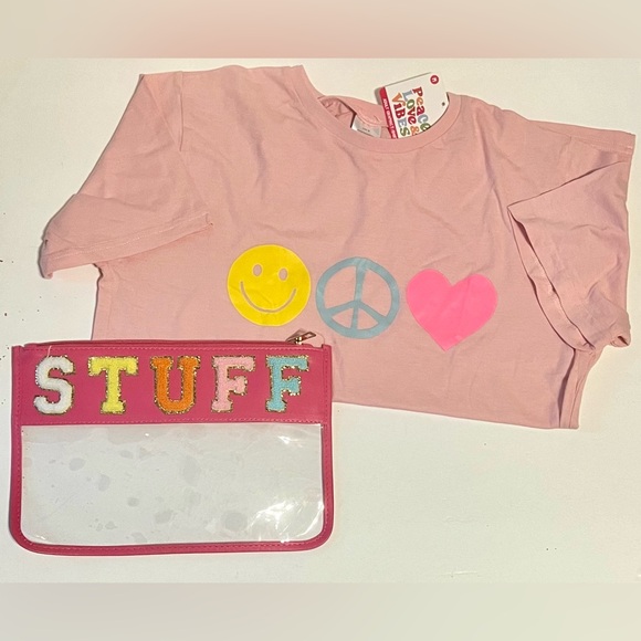 2pc-Smily Peace Love & Vibes Ladies T-Shirt Sz:M pink/Clear Zippered pouch Bag - Picture 1 of 4